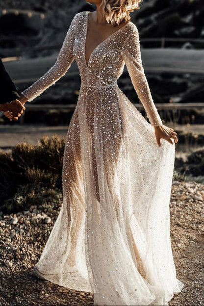 Deep V-Neck Long-Sleeves Fully Sequined Tulle Pleated Mermaid Wedding Dress with Train