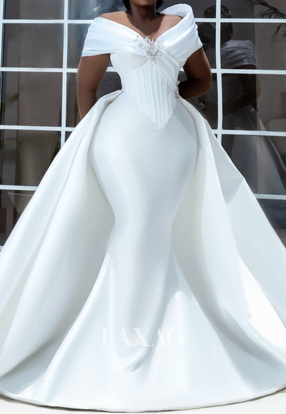 V-Neck Cap-Sleeves Beaded Satin Pleated Trumpet Mermaid Wedding Dress with Train