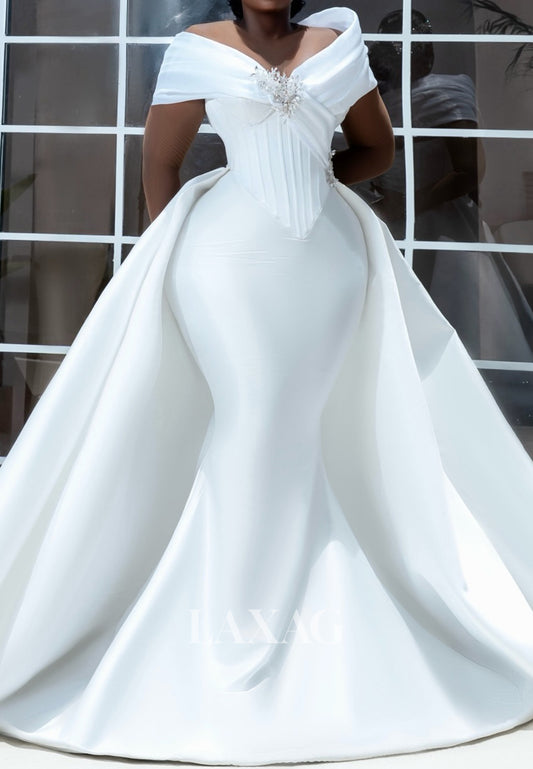 V-Neck Cap-Sleeves Beaded Satin Pleated Trumpet Mermaid Wedding Dress with Train