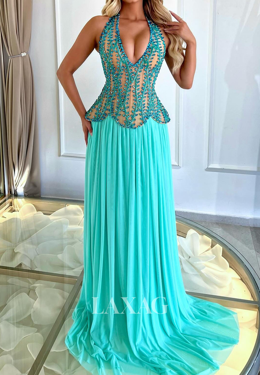 Halter Deep V-Neck Sleeveless Rhinestone Party Gowns Pleated Chiffon F –  Laxag