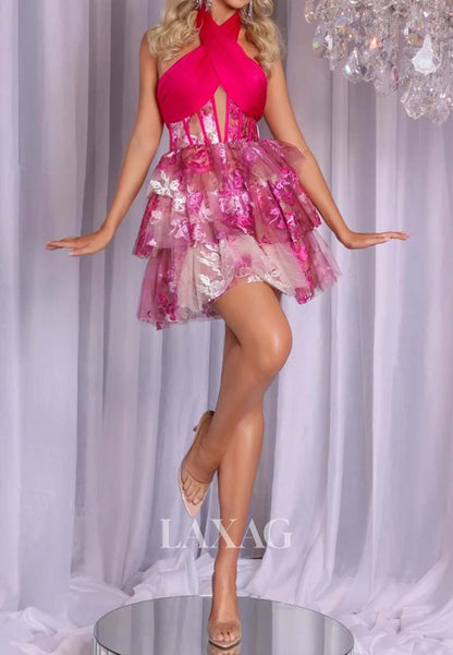 Cross-Neck Off-Shoulder Sleeveless Print-Chiffon Tiered Mermaid Party Homecoming Dress