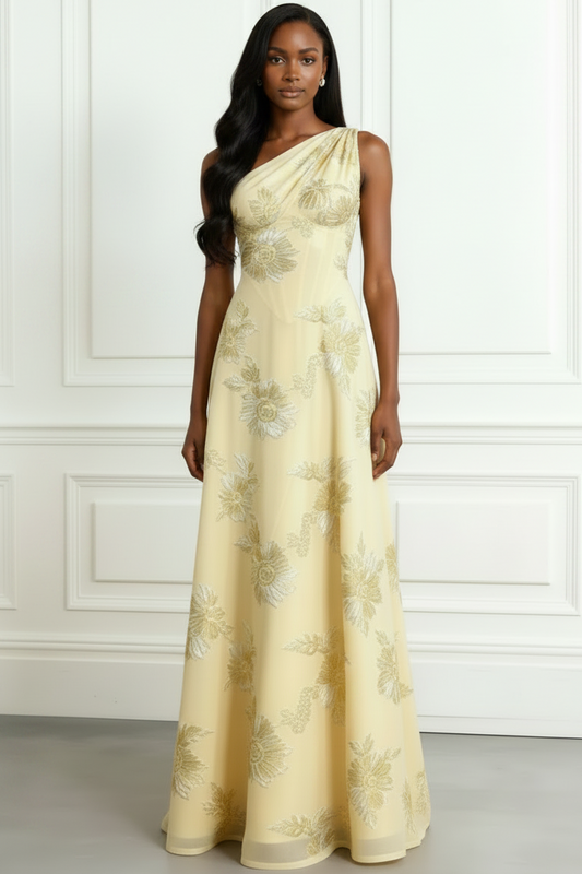 Asymmetrical-Neck Sleeveless Jacquard Satin Floor-Length A-Line Evening Dress