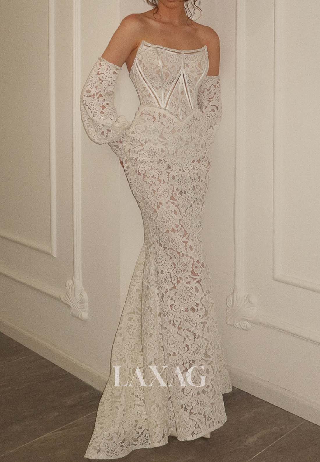Scoop-Neck Off-Shoulder Mermaid Wedding Dress Allover Lace Floor-Length Bride Gowns with Gloves