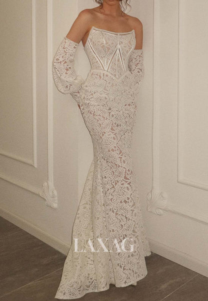 Scoop-Neck Off-Shoulder Mermaid Wedding Dress Allover Lace Floor-Length Bride Gowns with Gloves