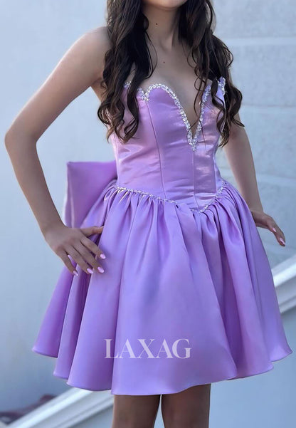 V-Neck Off-Shoulder Sleeveless Rhinestone Pleated Satin A-Line Party Homecoming Dress