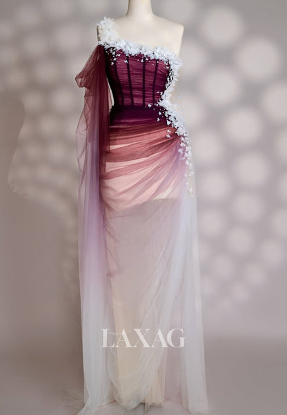 Asymmetrical-Neck One-Strtap Mermaid Prom Dress Floral Embellished Ombre Tulle Party Gowns