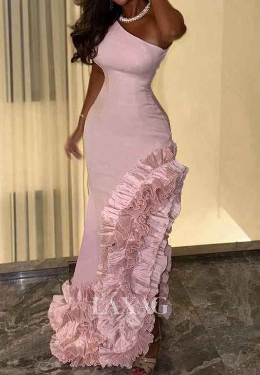 Asymmetrical-Neck Sleeveless Mermaid Prom Dress Off-Shoulder Satin Tiered Evening Gowns