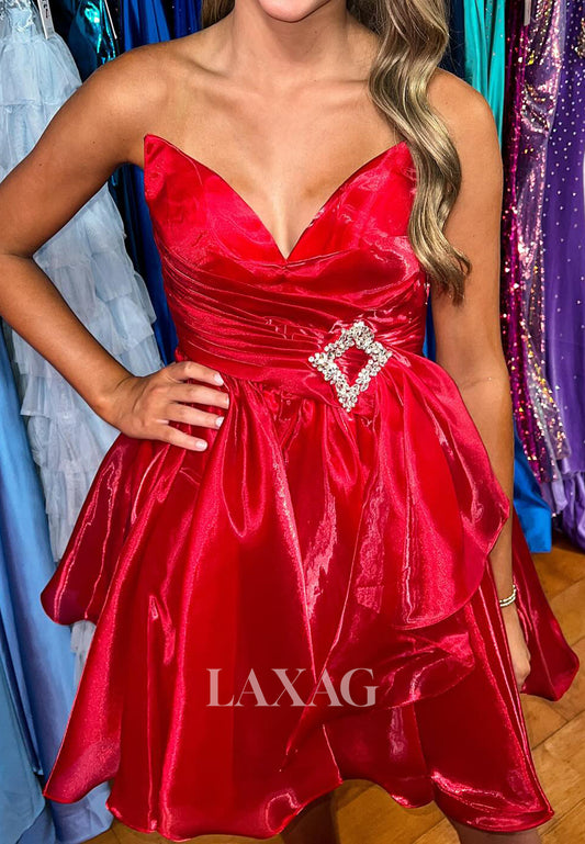 V-Neck Off-Shoulder Sleeveless Beaded Pleated Satin A-Line Party Homecoming Dress