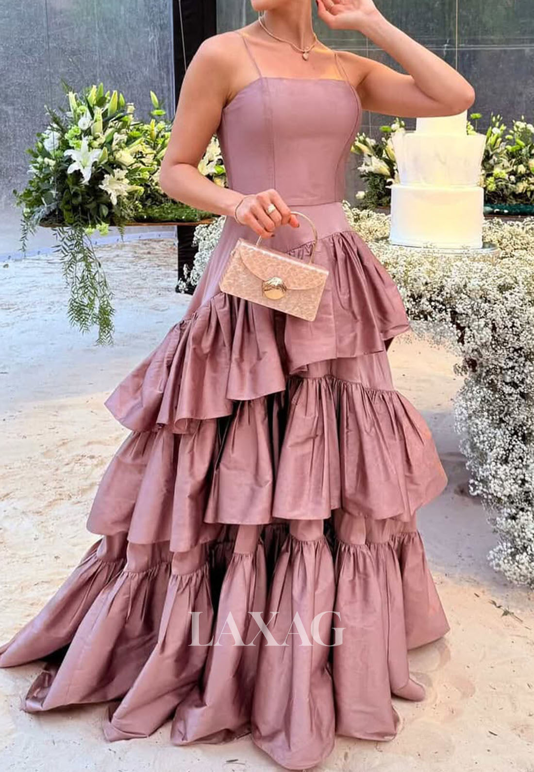 Tube Top Spaghetti Straps A-Line Prom Dress Sleeveless Satin Pleated Tiered Party Gowns