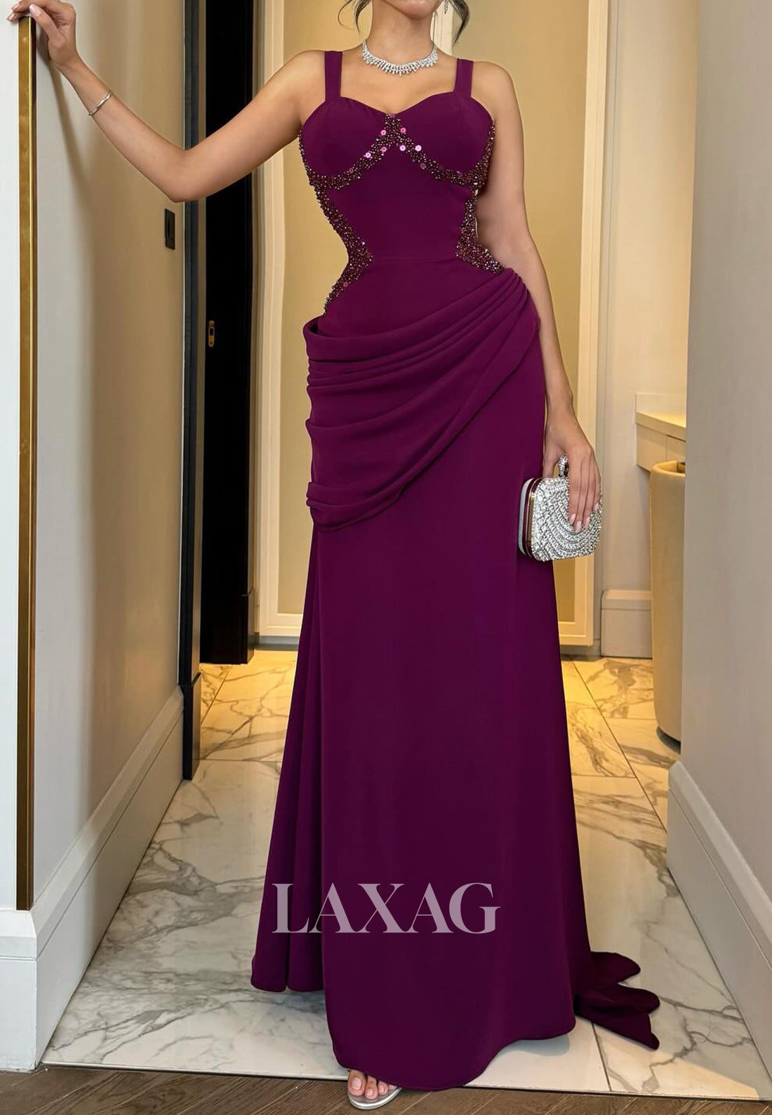 Sweetheart Straps Sleeveless Sequined Beaded Satin Pleated Mermaid Evening Dress