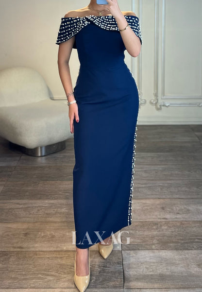 Bateau-Neck Sleeveless Satin Mermaid Evening Dress Off-Shoulder Ankle-Length Rhinestone Formal Gowns