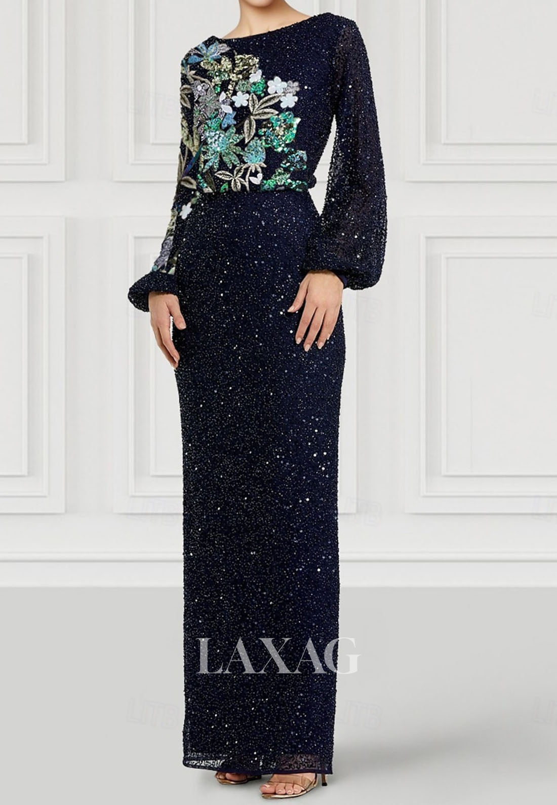 Scoop-Neck Long-Sleeves Mermaid Evening Dress Fully Sequined Applique Floor-Length Formal Gowns