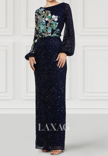 Scoop-Neck Long-Sleeves Mermaid Evening Dress Fully Sequined Applique Floor-Length Formal Gowns