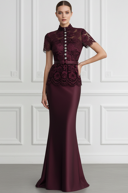 High-Neck Cap-Sleeves Floor-Length Lace&Satin Mermaid Wedding Guest Dress