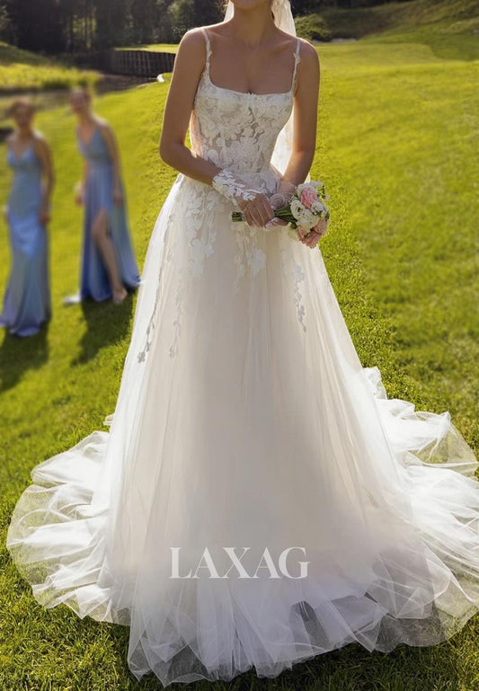 Square-Neck Spaghetti Straps Sleeveless Applique Pleated Tulle A-Line Wedding Dress with Train