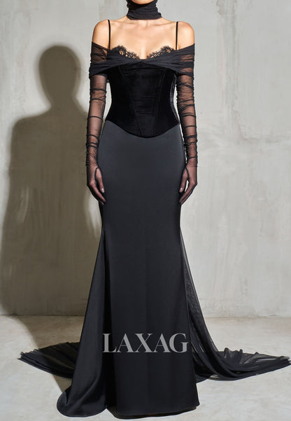 Bateau-Neck Spaghetti Straps Mermaid Evening Dress Long-Sleeves Pleated Tulle&Satin Formal Gowns