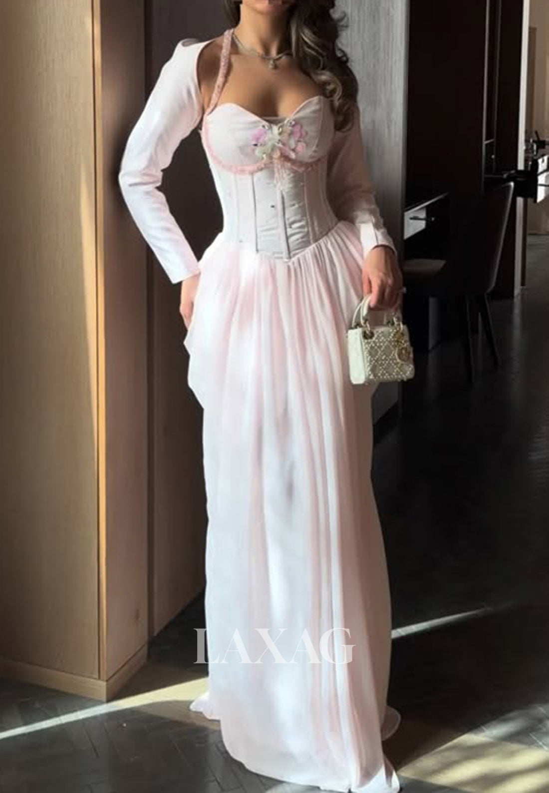 Halter-Sweetheart Long-Sleeves Sequined Beaded Chiffon&Satin Pleated Mermaid Evening Dress