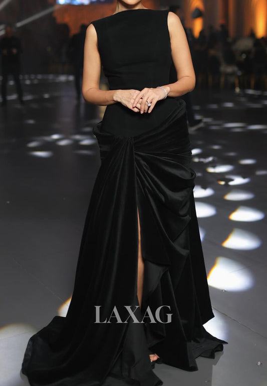 Simple Off-Shoulder Sleeveless Satin Pleated Mermaid Evening Dress with High Slit
