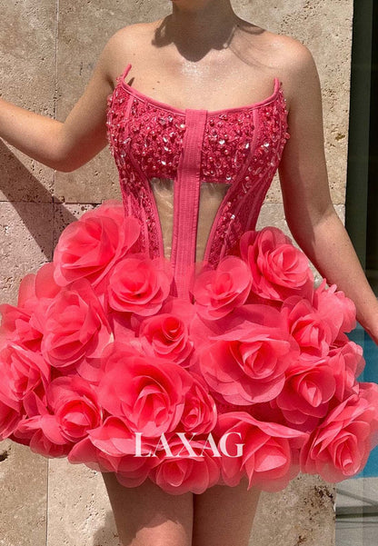 Scoop-Neck Off-Shoulder Rhinestone Floral Embellished A-Line Party Homecoming Dress