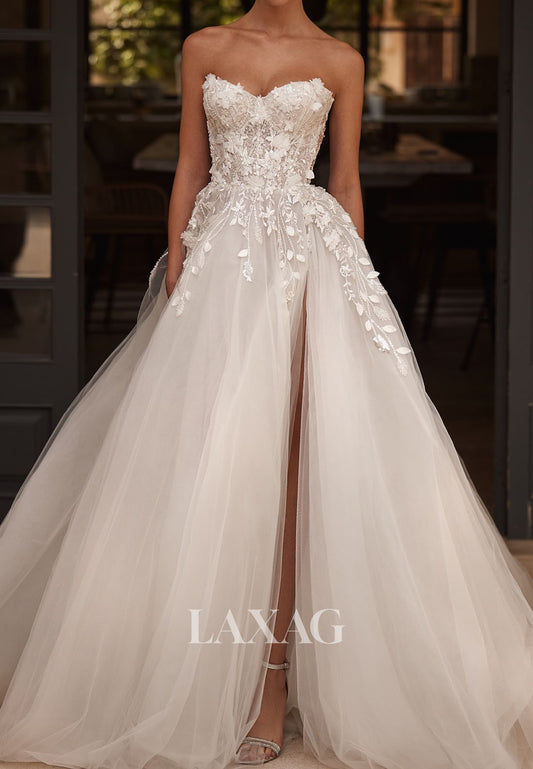 Sweetheart Off-Shouder Sleeveless Sequined Applique Pleated Tulle High Slit A-Line Wedding Dress