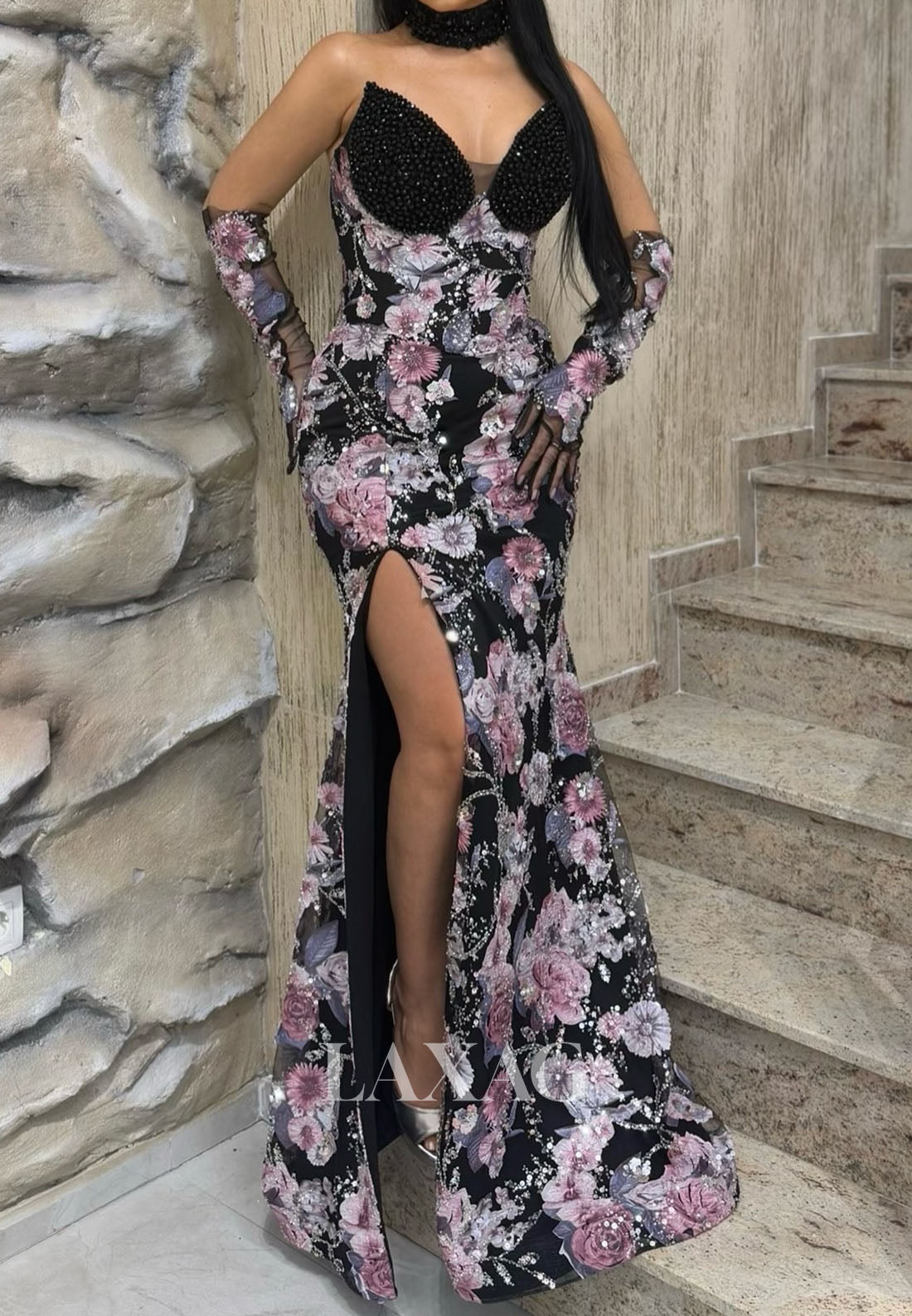 Off-Shoulder Sweetheart Beaded Sequined Floral-Applique High Slit Mermaid Prom Dress with Gloves