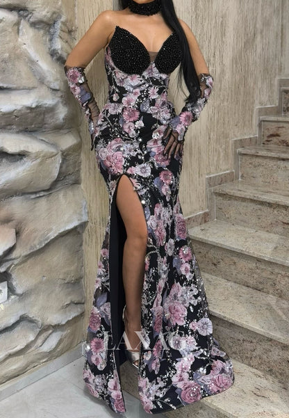 Off-Shoulder Sweetheart Beaded Sequined Floral-Applique High Slit Mermaid Prom Dress with Gloves