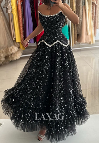 Scoop-Neck Sleeveless Pleated Tulle A-Line Prom Dress Fully Sequined Beaded Floor-Length Party Gowns