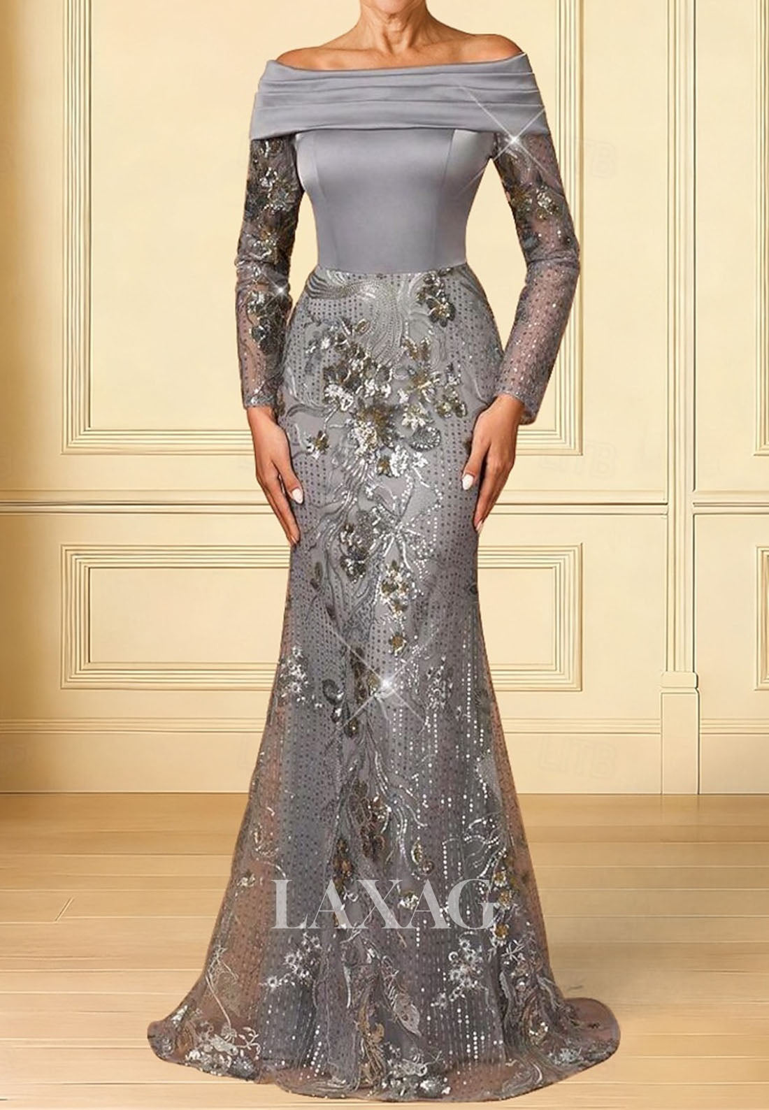 Bateau-Neck Long-Sleeves Sequined Mermaid Evening Dress Satin Pleated Floor-Length Formal Gowns