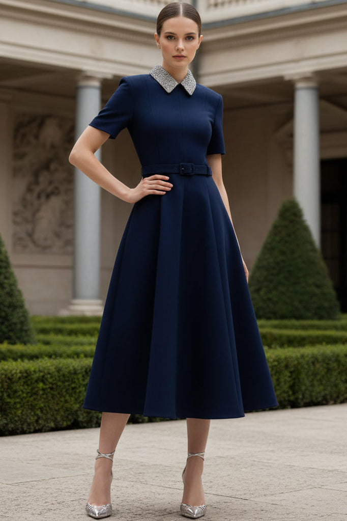Beaded-Collared Short-Sleeves Tea-Length Satin Pleated A-Line Wedding Guest Dress