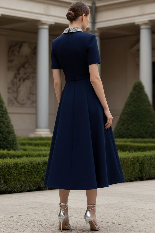 Beaded-Collared Short-Sleeves Tea-Length Satin Pleated A-Line Wedding Guest Dress