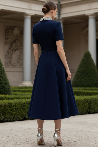 Beaded-Collared Short-Sleeves Tea-Length Satin Pleated A-Line Wedding Guest Dress