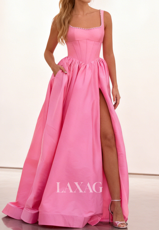 Square-Neck Beaded Satin Pleated Party Gowns Sleeveless Straps High Slit A-Line Prom Dress