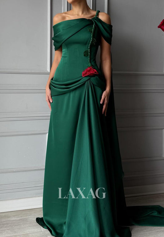 Bateau-Neck Sleeveless Sequined 3D-Floral Satin Pleated Floor-Length Mermaid Evening Dress