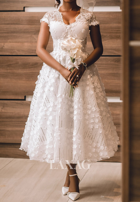 Sweetheart Cap-Sleeves Sequined 3D-Floral Lace Pleated Tea-Length A-Line Wedding Dress