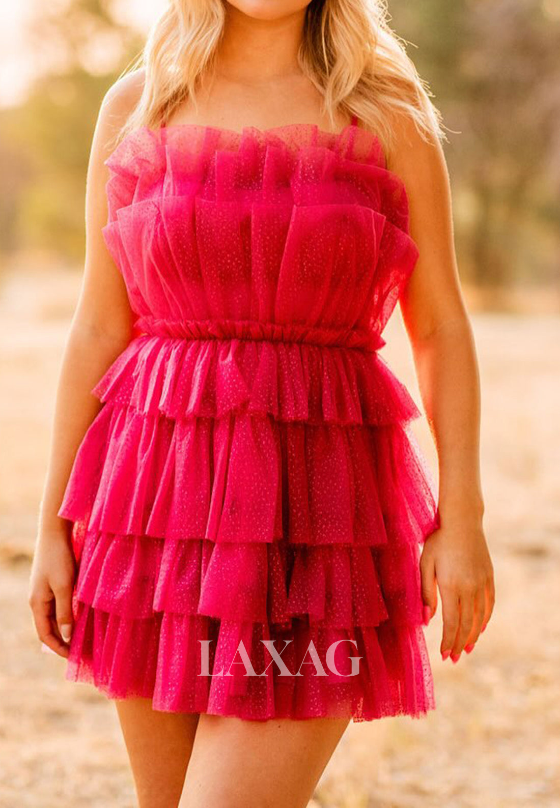 Bateau-Neck Off-Shoulder Sleeveless Pleated Tulle Short Tiered A-Line Party Homecoming Dress