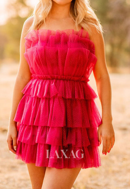 Bateau-Neck Off-Shoulder Sleeveless Pleated Tulle Short Tiered A-Line Party Homecoming Dress