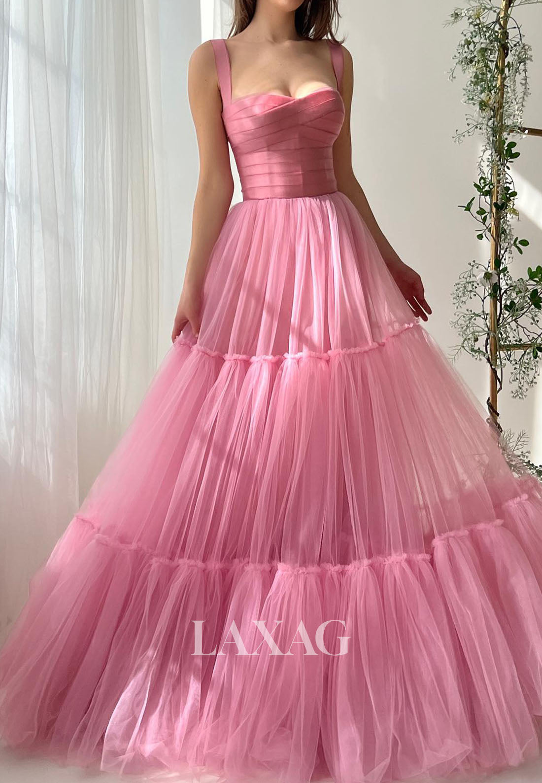 Sweetheart Sleeveless Straps A-Line Prom Dress Off-Shoulder Pleated Satin&Tulle Party Gowns