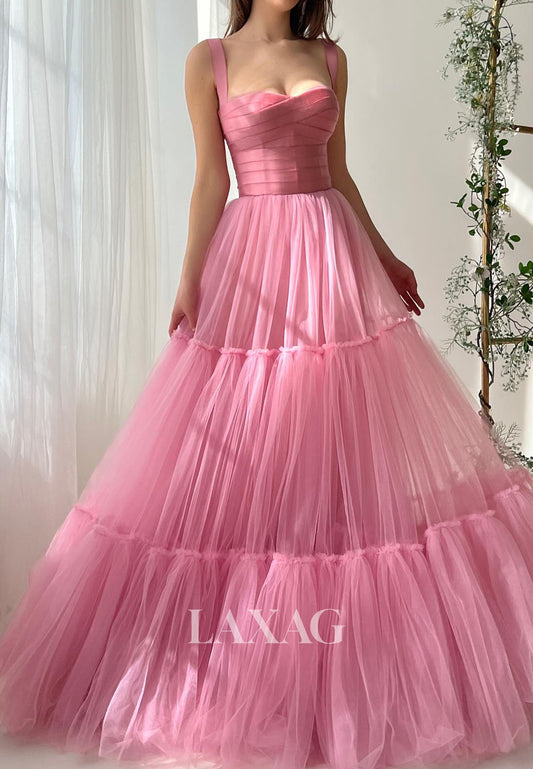 Sweetheart Sleeveless Straps A-Line Prom Dress Off-Shoulder Pleated Satin&Tulle Party Gowns