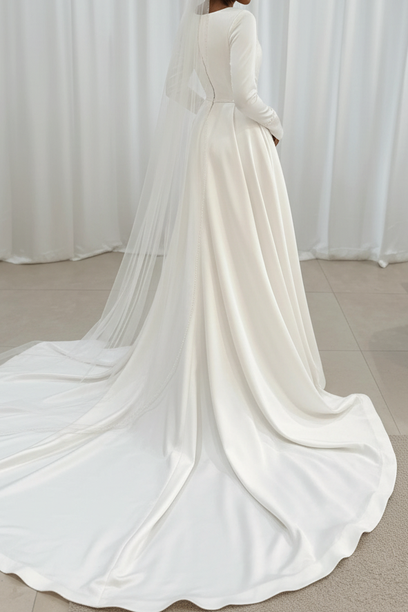 Scoop-Neck Long-Sleeves Beaded Pleated Satin Mermaid Wedding Dress with Removable Train
