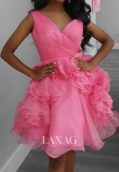V-Neck Straps Sleeveless Pleated Chiffon Tiered Short A-Line Party Homecoming Dress