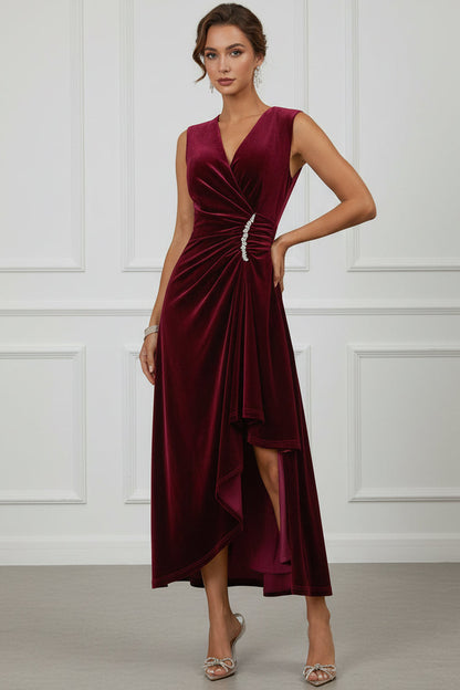 V-Neck Sleeveless Velvet Pleated Ankle-Length A-Line Wedding Guest Dress