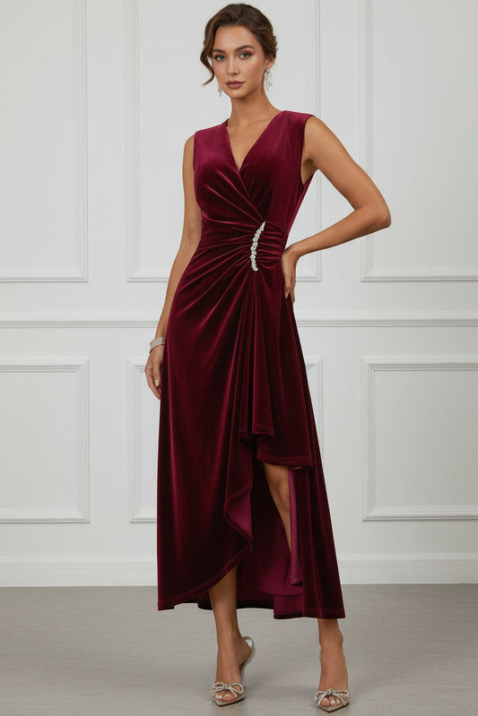 V-Neck Sleeveless Velvet Pleated Ankle-Length A-Line Wedding Guest Dress