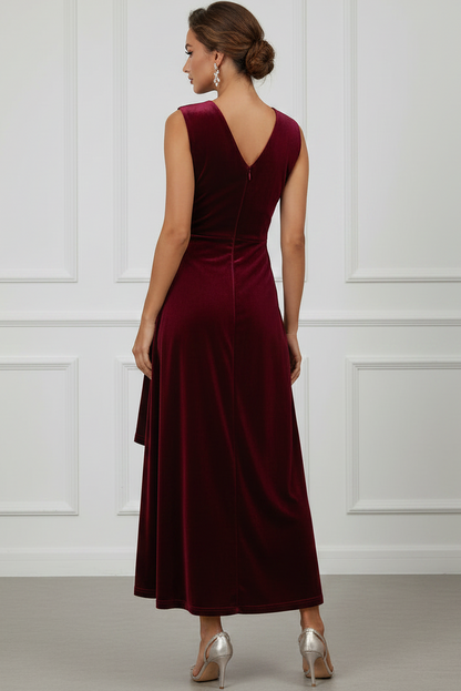 V-Neck Sleeveless Velvet Pleated Ankle-Length A-Line Wedding Guest Dress