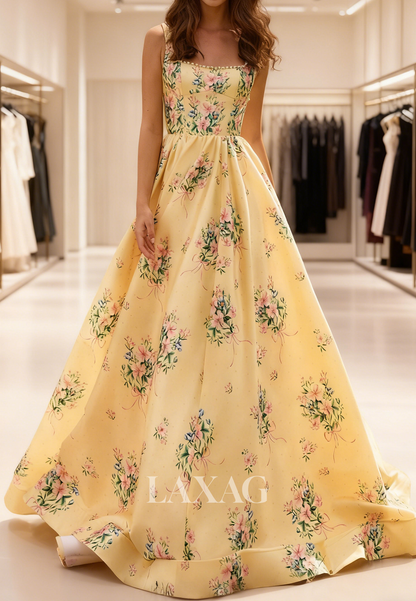 Square-Neck Straps Print-Satin Pleated Party Gowns Sleeveless Pearls A-Line Prom Dress