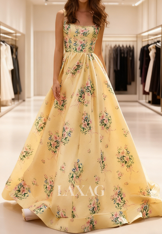 Square-Neck Straps Print-Satin Pleated Party Gowns Sleeveless Pearls A-Line Prom Dress