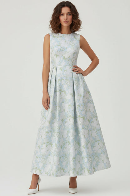 Scoop-Neck Sleeveless Ankle-Length Jacquard Satin Pleated Mother of the Bride Dress