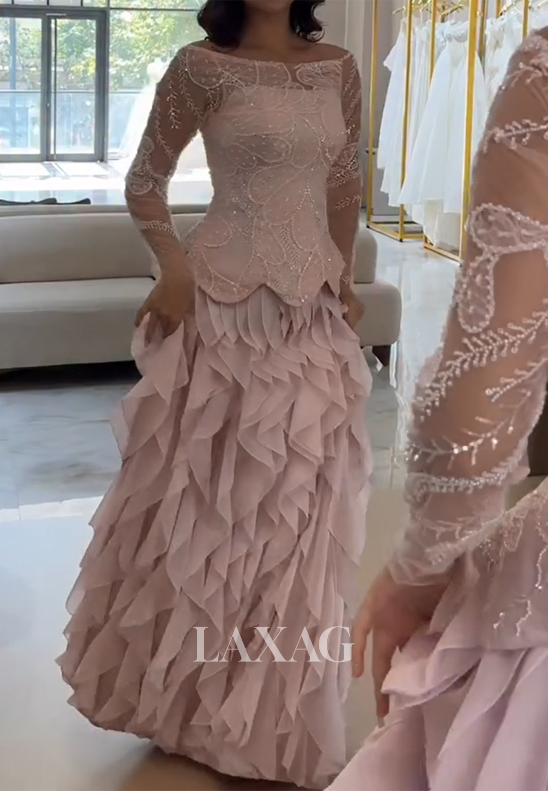 Bateau-Neck Long-Sleeves Sequined Beaded Tulle&Chiffon Sheer Tiered Fitted Evening Dress