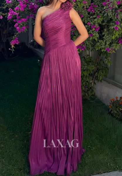 Asymmetrical-Neck Sleeveless 3D-Floral Chiffon Pleated Floor-Length Mermaid Evening Dress