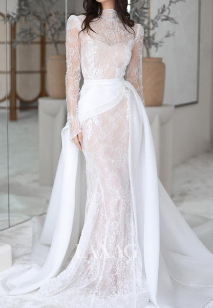 High-Neck Long-Sleeves Allover Lace Bride Gowns Beaded Applique Mermaid Wedding Dress with Chiffon Train
