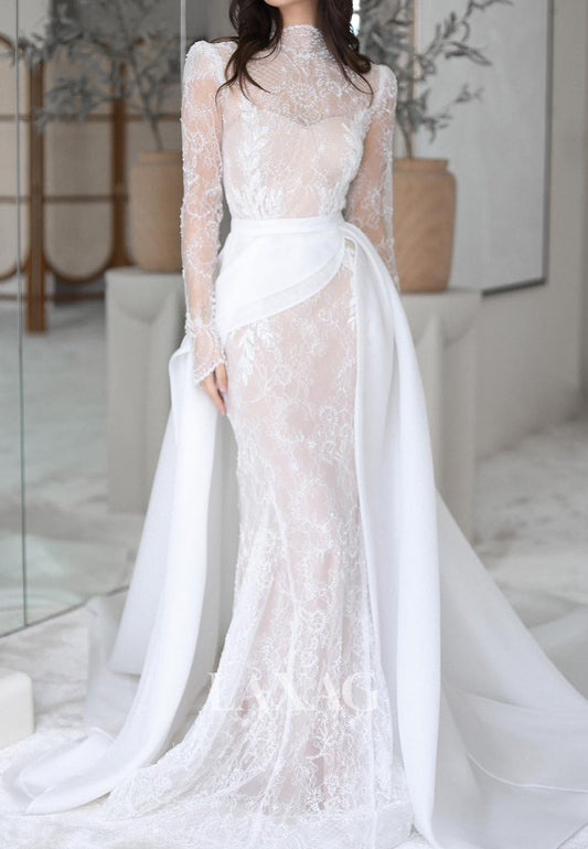 High-Neck Long-Sleeves Allover Lace Bride Gowns Beaded Applique Mermaid Wedding Dress with Chiffon Train